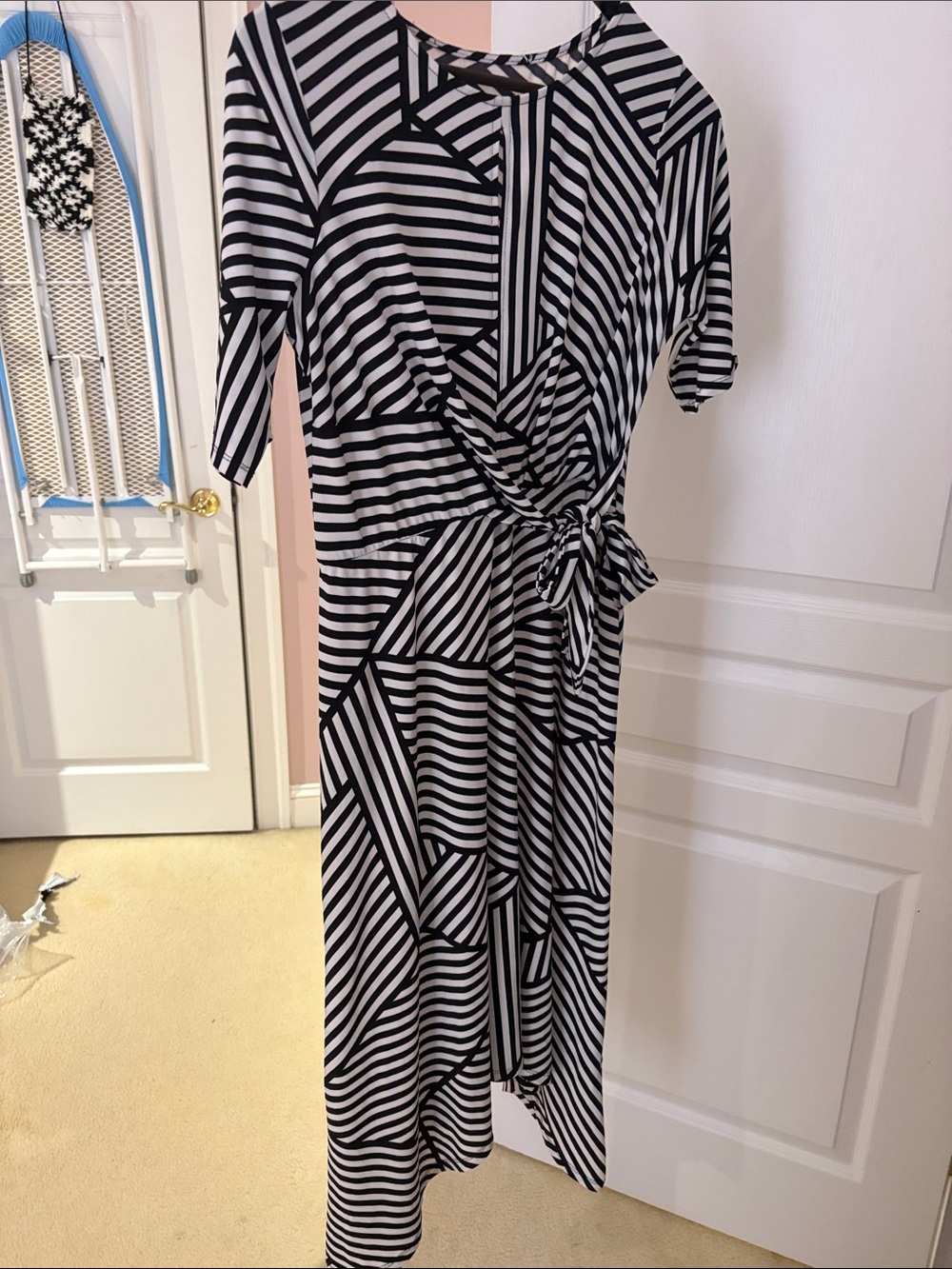 Black & White Striped Tie-Waist Midi Dress